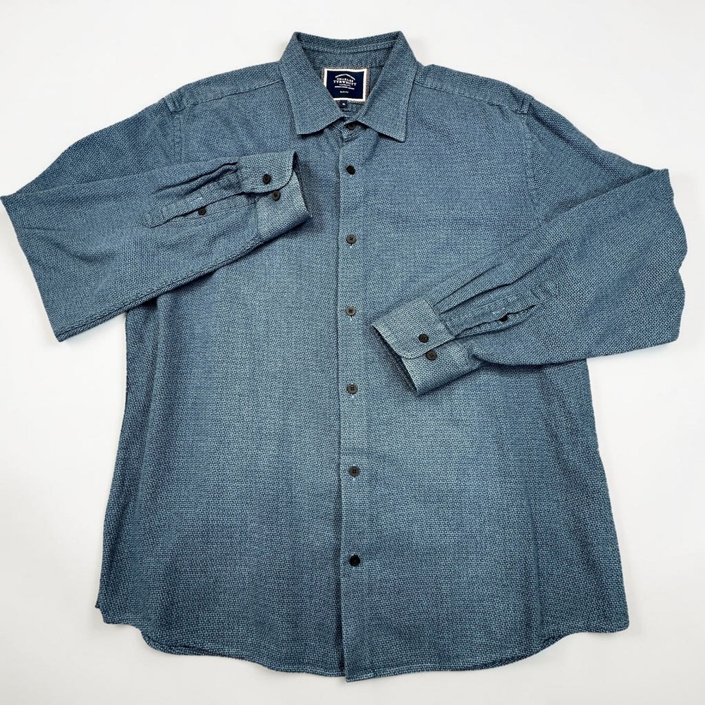 Charles Tyrwhitt Shirt Mens XL Blue Slim Fit Knit Textured 100% Cotton Button Up